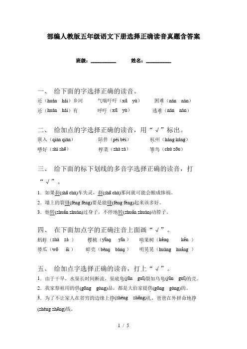 部编人教版五年级语文下册选择正确读音真题含答案