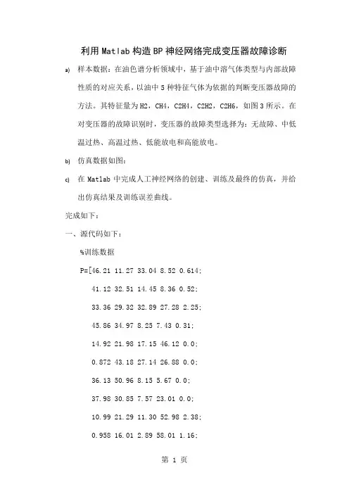 matlab仿真-利用Matlab构造BP神经网络完成变压器故障诊断-5页精选文档