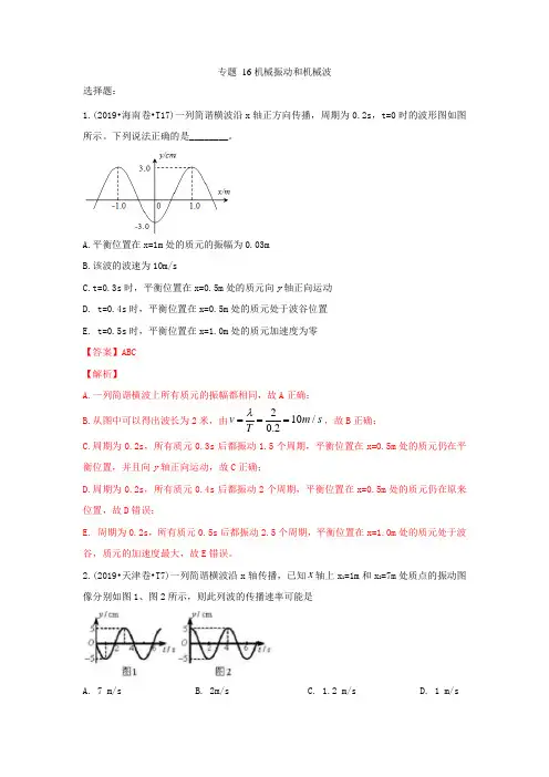 十年高考物理真题分类汇编专题16机械振动和机械波