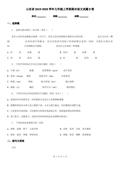 山东省2019-2020学年七年级上学期期末语文试题B卷