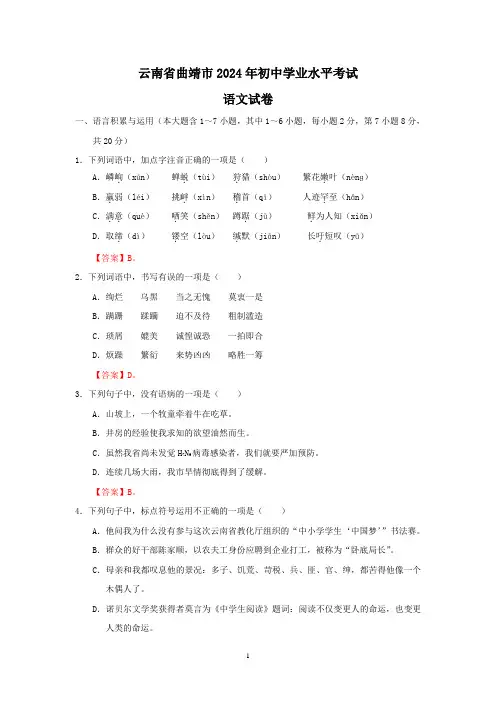 云南省曲靖市2024年中考语文试题(word版-含答案)