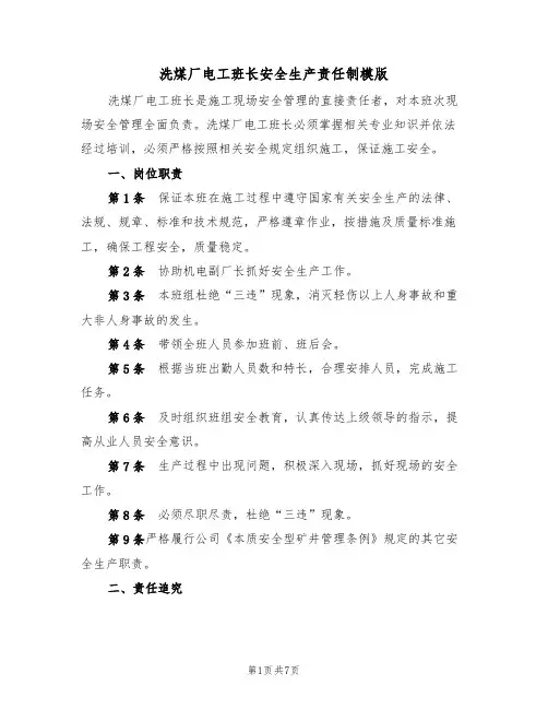 洗煤厂电工班长安全生产责任制模版（2篇）