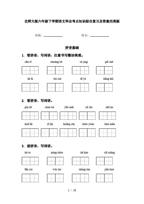 北师大版六年级下学期语文毕业考点知识综合复习及答案完美版