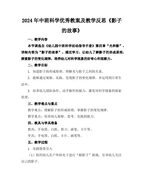 2024年中班科学优秀教案及教学反思《影子的故事》