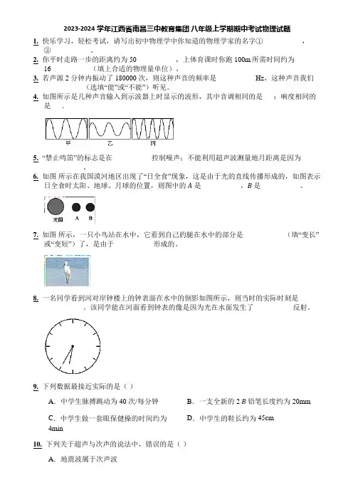 2023-2024学年江西省南昌三中教育集团 八年级上学期期中考试物理试题