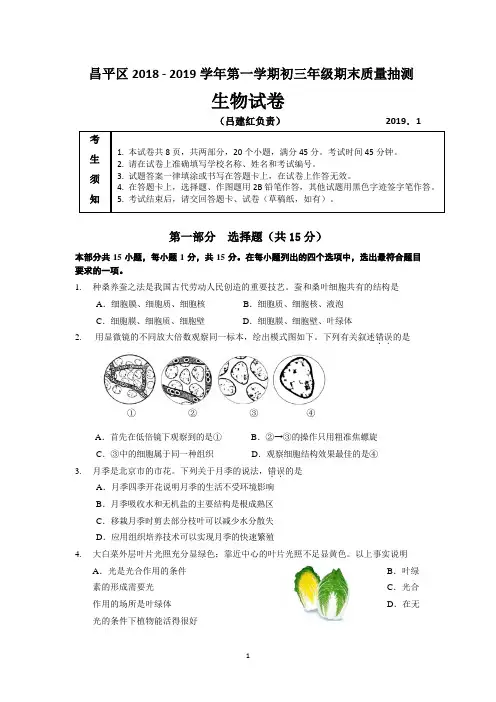 2019.1初三昌平生物期末
