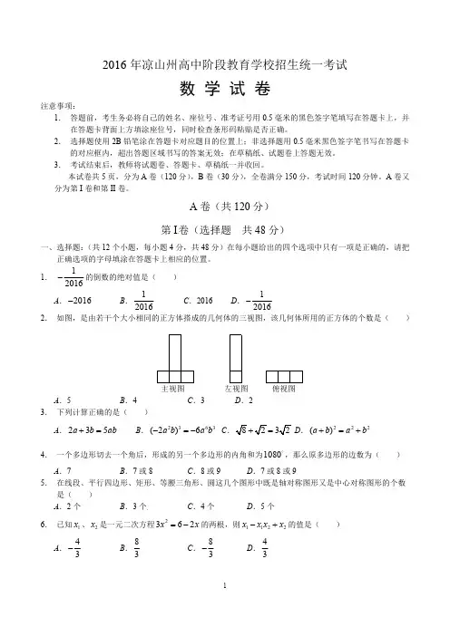 2016年凉山州高中阶段教育学校招生统一考试数学试卷