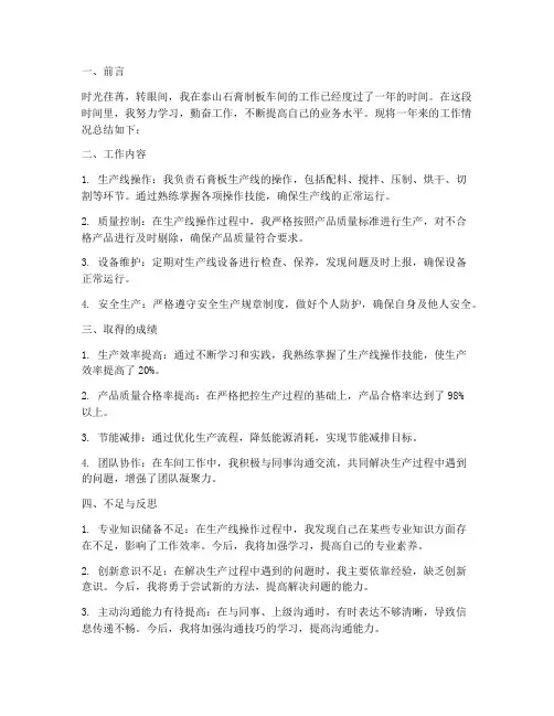 泰山石膏制板个人工作总结