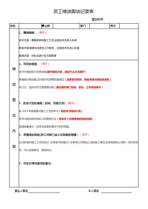 员工绩效面谈记录表