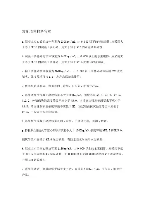 常见墙体材料容重