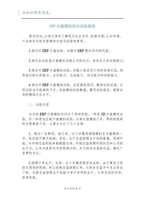 ERP沙盘模拟实训实验报告