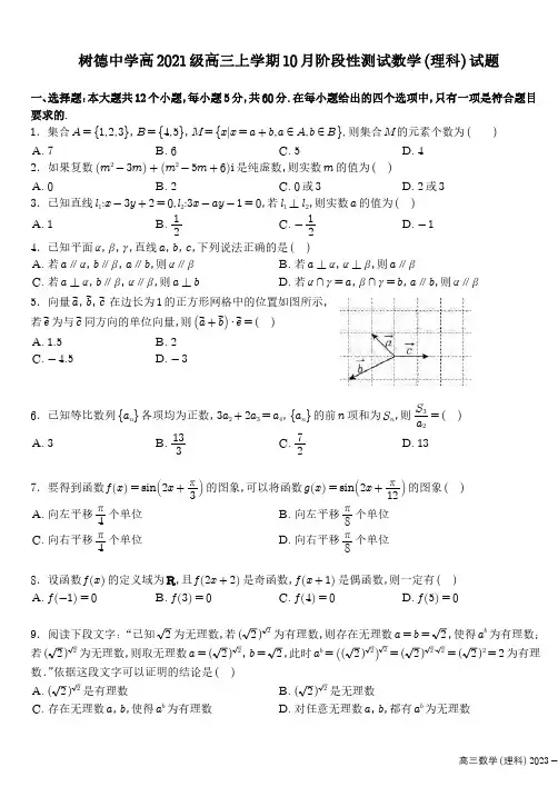 高三试卷数学(理)-四川省成都市树德中学2024届高三上学期10月阶段性测试数学(理)试卷及参考答案