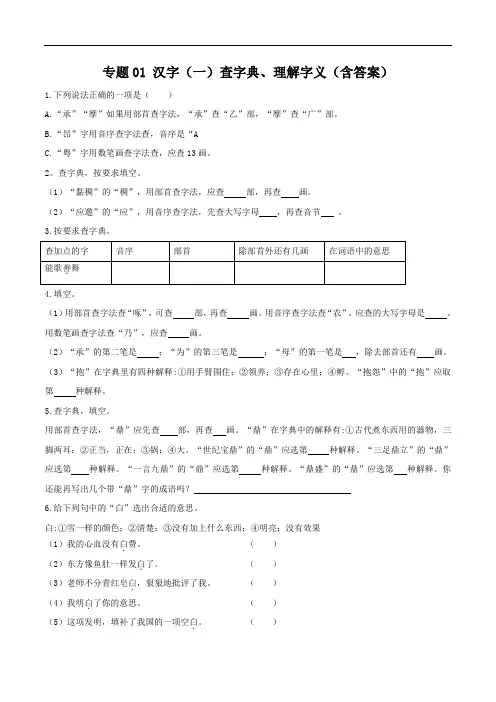 【小升初语文精品】专题01 汉字(一)查字典、理解字义(含答案)