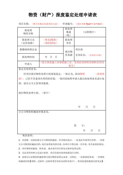 物资(财产)报废鉴定处理申请表