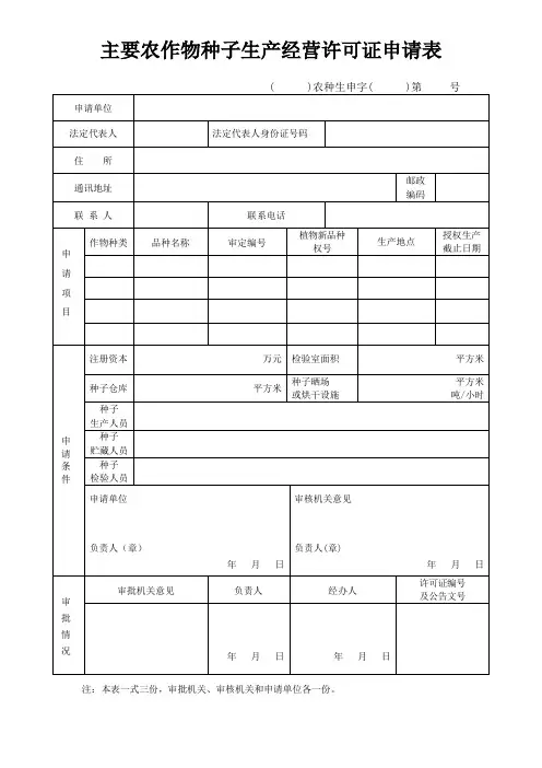 主要农作物种子生产经营许可证申请表