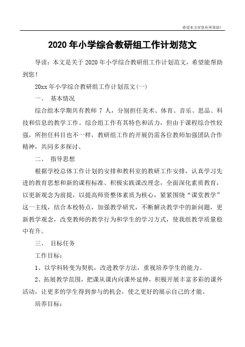 2020年小学综合教研组工作计划范文