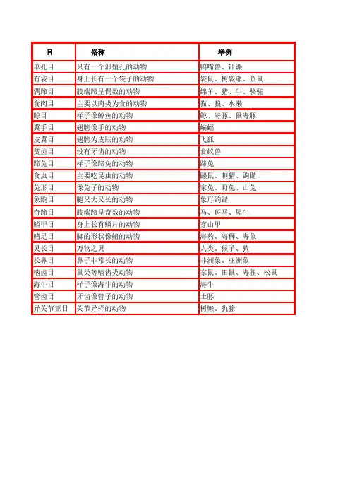 哺乳动物分类表