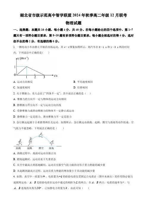湖北省市级示范高中智学联盟2024-2025学年高二上学期12月联考物理试题(含答案)