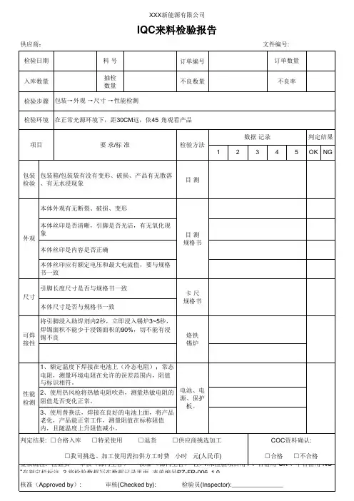 IQC来料检验报告