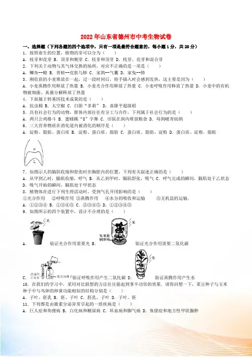 山东省德州市2022年中考生物真题试题(含解析)