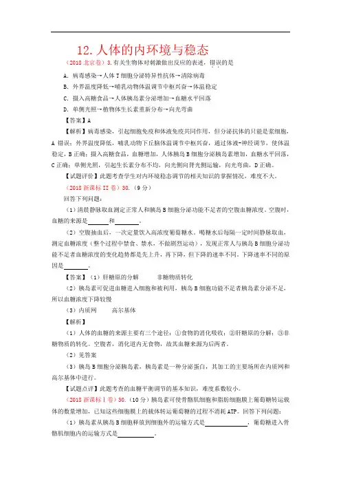 【精品】2018年各省市高考真题分类汇编12.人体的内环境与稳态