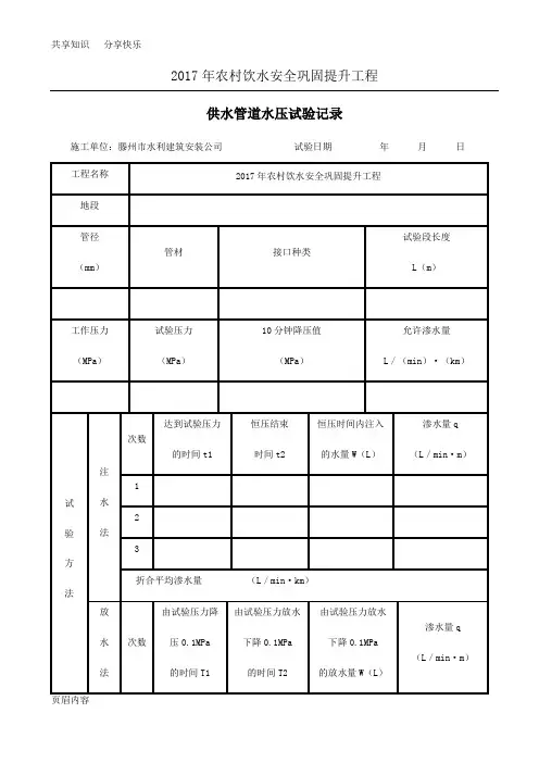 供水管道水压试验记录表