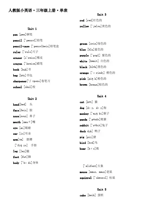 最新人教版PEP英语三年级上册·单词表(带有音标)