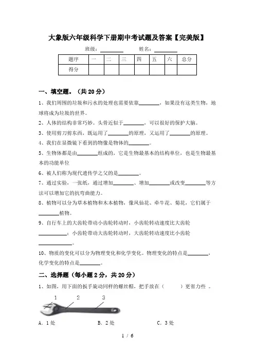 大象版六年级科学下册期中考试题及答案【完美版】