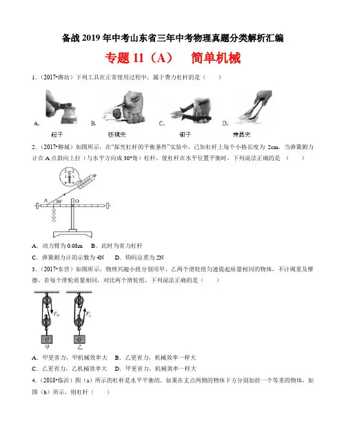 备战2019年中考山东省三年中考物理真题分类解析汇编——专题11(A) 简单机械(原题)