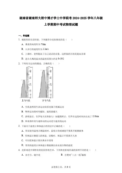 湖南省湖南师大附中博才学士中学联考2024-2025学年八年级上学期期中考试物理试题
