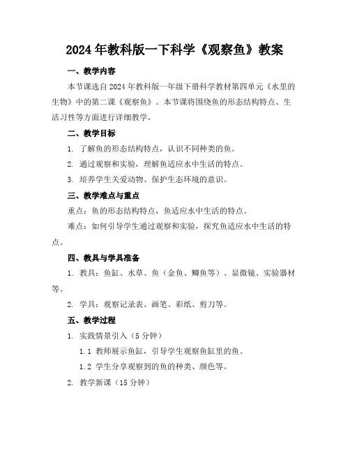 2024年教科版一下科学《观察鱼》教案