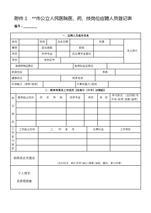 XX市公立人民医院医、药、技岗位应聘人员登记表【模板】