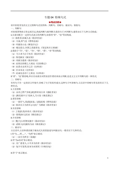 专题04 特殊句式(原卷版)-2019-2020七下语文期末复习文言文阅读精选考点突破