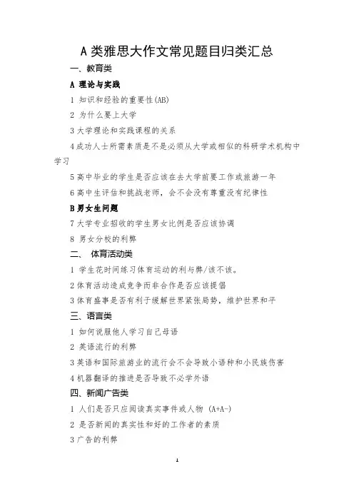 A类雅思大作文常见题目归类汇总 