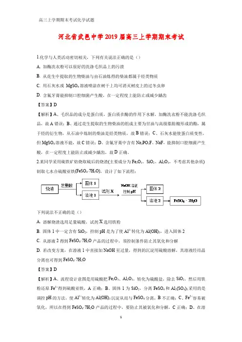 河北省武邑中学2019届高三上学期期末考试化学试题(解析版)