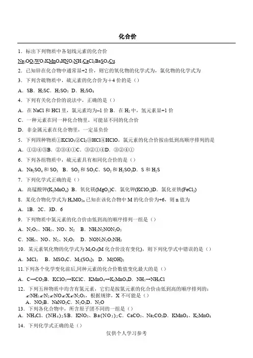初中化学化合价练习题