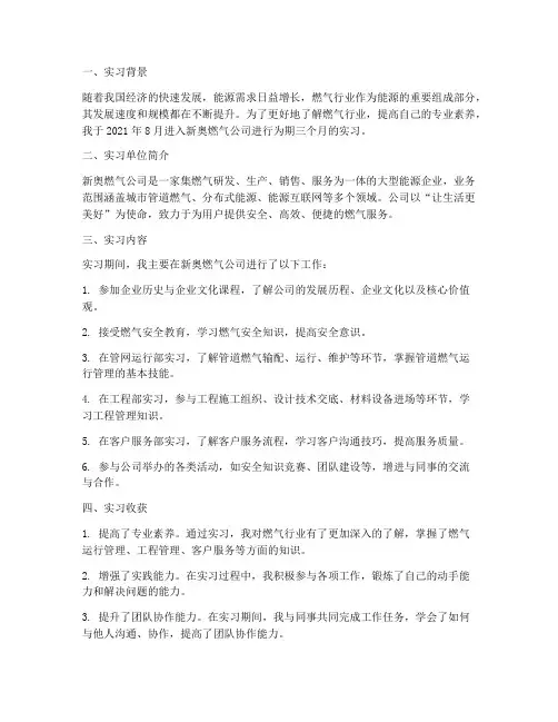新奥燃气实习报告
