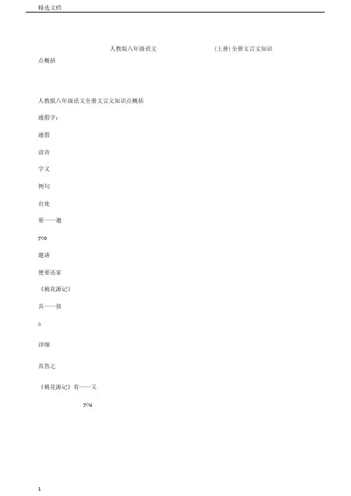 人教版本初中八年级的语文上册的全册文言文学习知识点归纳