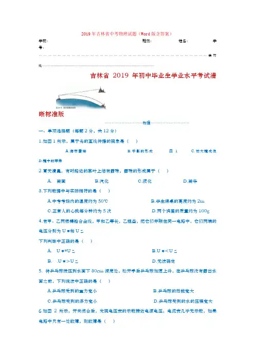 2019年吉林省中考物理试题(Word版含答案)