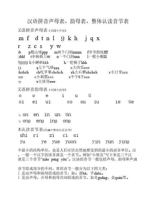 汉语拼音声母表、韵母表、整体认读音节表