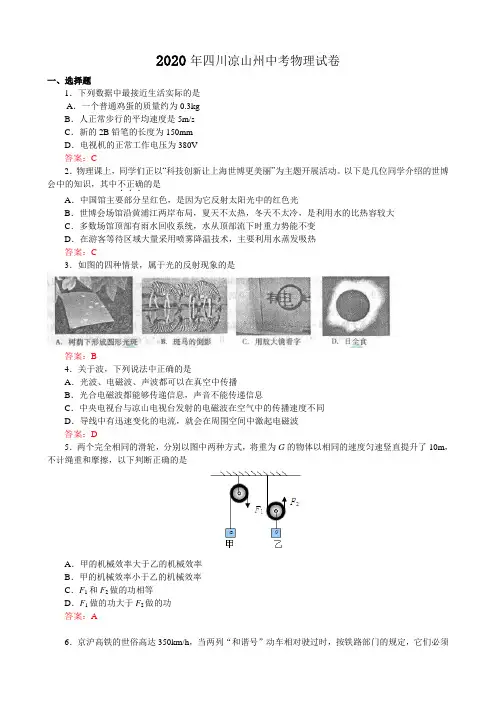 2020年四川省凉山州中考物理试卷(含答案)