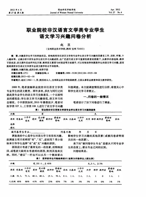 职业院校非汉语言文学类专业学生语文学习兴趣问卷分析
