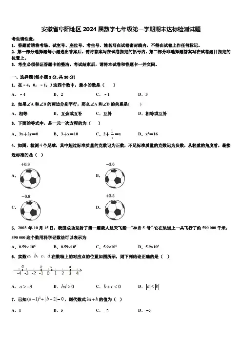 安徽省阜阳地区2024届数学七年级第一学期期末达标检测试题含解析