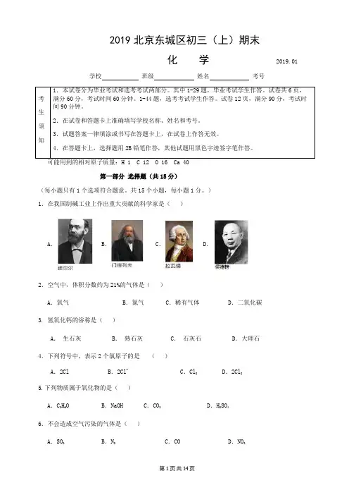 北京市东城区2018-2019学年度初三(上)期末化学试卷(Word版)