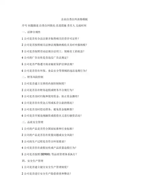 企业自查自纠表格模板