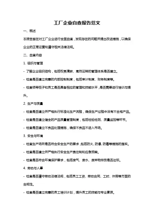 工厂企业自查报告范文