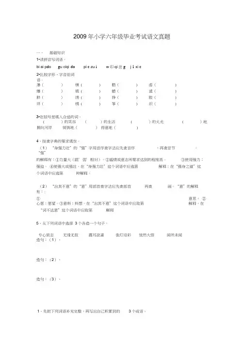 2009年小学六年级毕业考试语文真题