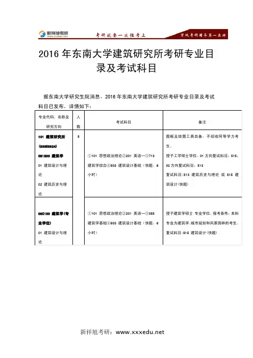 2016年东南大学建筑研究所考研专业目录及考试科目-新祥旭考研辅导