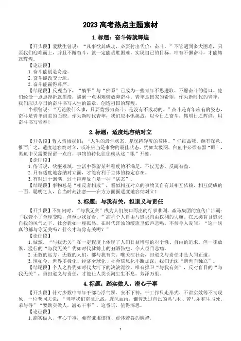 高中语文2023高考作文热点主题素材汇总(20篇主题作文开头论证结尾+8大主题40个超好用作文题记)