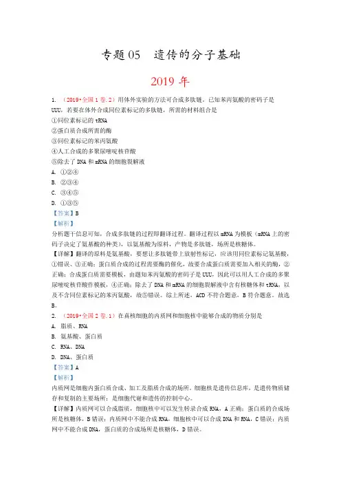 2019-2017年3年高考生物试题分类汇编带答案解析专题8 遗传的分子基础